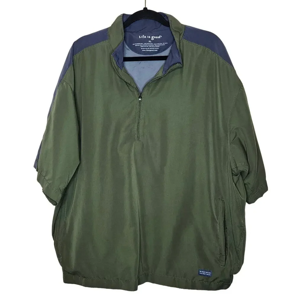 Life Is Good Green Grey Windbreaker Golfer shirt sleeved Pullover sz XL